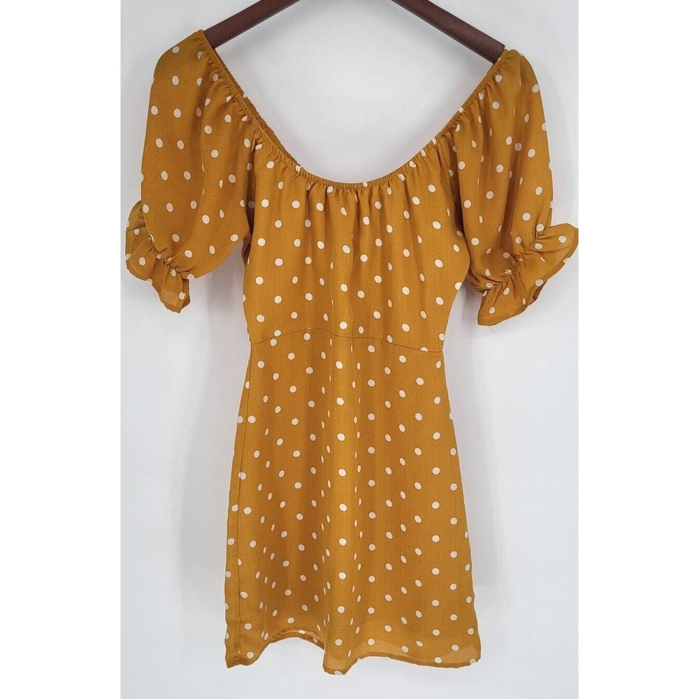 Honey Punch Mustard Yellow Fall Polka Dot Round Neck Mini Dress Women's XS